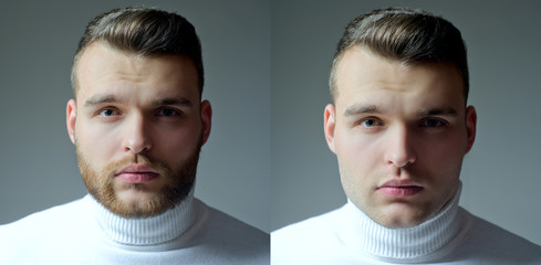 Set of beard man. Hair style hair stylist for Handsome man. Barber shop set. After or before shaven.