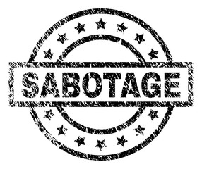 SABOTAGE stamp seal watermark with distress style. Designed with rectangle, circles and stars. Black vector rubber print of SABOTAGE tag with dust texture.