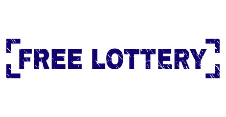 FREE LOTTERY label seal stamp with corroded texture. Text label is placed between corners. Blue vector rubber print of FREE LOTTERY with dirty texture.