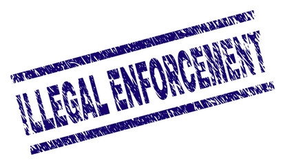 ILLEGAL ENFORCEMENT seal stamp with scratced style. Blue vector rubber print of ILLEGAL ENFORCEMENT text with scratched texture. Text tag is placed between parallel lines.