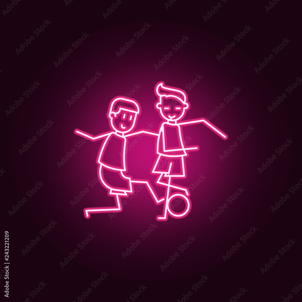 Poster soccer players with ball icon. elements of soccer in action in neon style icons. simple icon for web