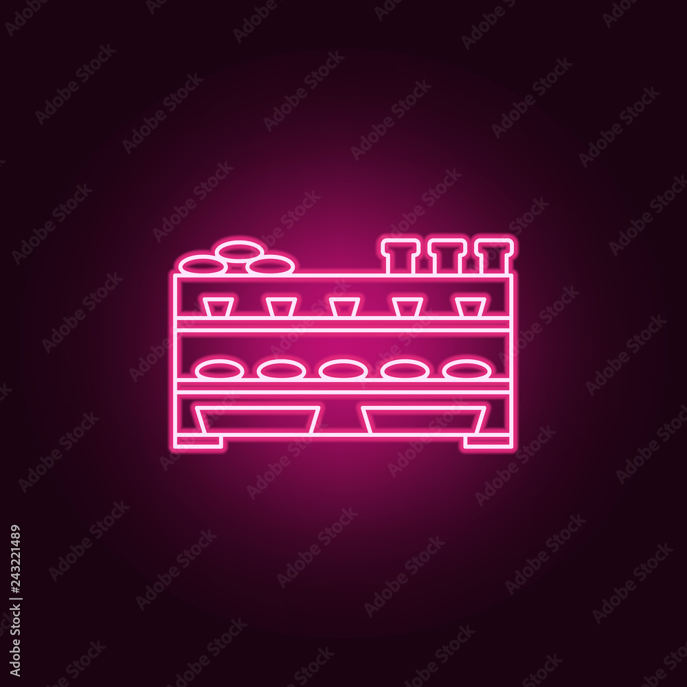 Poster bakery counter outline icon. elements of mall shopping center in neon style icons. simple icon for w