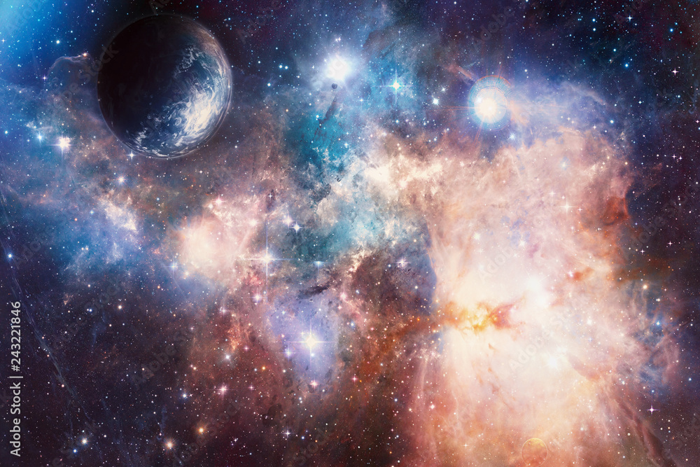 Poster smooth unique artistic planet flows into a beautiful smooth galaxy background