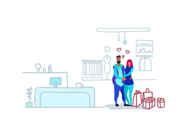 couple in love happy man woman embracing modern boutique female clothes shopping mall interior male female characters full length sketch doodle horizontal