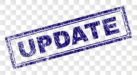 UPDATE stamp seal print with rubber print style and double framed rectangle shape. Stamp is placed on a transparent background. Blue vector rubber print of UPDATE label with unclean texture.