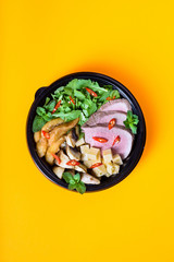 Hawaiian vegetarian poke bowl with beef. Ready-to-eat, to go