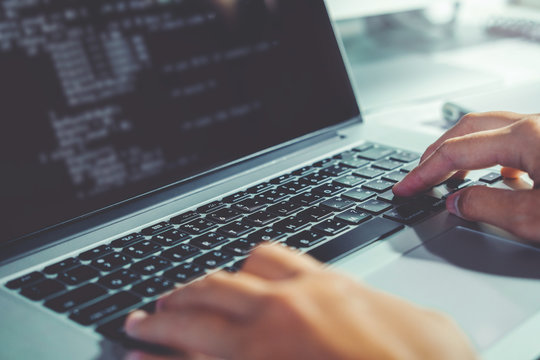 Developing programmer Development Website design and coding technologies working in software company office