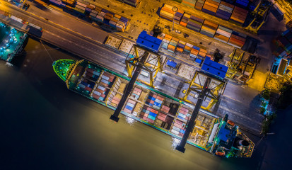 Container ship in import export and business logistics, By crane, Trade Port, Shipping cargo to harbor, Aerial view from drone, International transportation, Business logistics concept