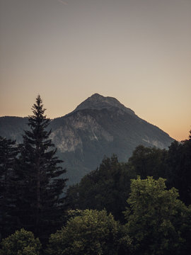Scenic view of mountain against clear sky during sunset