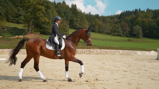 SUPER SLOW MOTION: English dressage horseback rider galloping on her beautiful stallion during a competition. Young Caucasian woman in formal clothes riding her chestnut gelding around the manege.