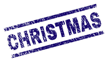 CHRISTMAS seal print with grunge style. Blue vector rubber print of CHRISTMAS title with dirty texture. Text label is placed between parallel lines.