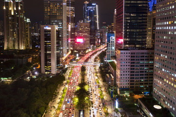Night view of Sudirman road at rush hour