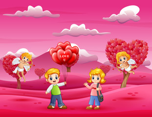 Cartoon of boys holding lots of balloons for girls with cupids