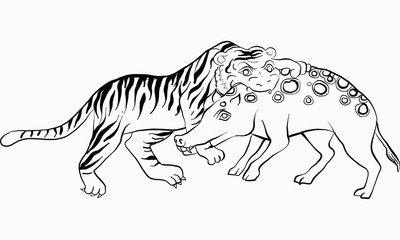 Fototapeta premium tiger fight with pig, Thai traditional painting, vector