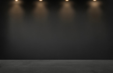 Black wall with a row of spotlights in an empty room - obrazy, fototapety, plakaty
