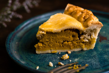 Close up of a slice of pumpkin pie