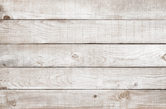 Old weathered wooden plank painted in white color. Vintage white pine wood background.
