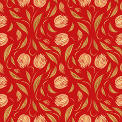 Seamless vector floral pattern with abstract flowers and leaves in gold colors on red background