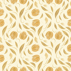 Seamless vector floral pattern with abstract flowers and leaves in gold colors on light background