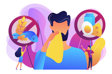 Man having food allergy symptoms to products like fish, milk and eggs. Food allergy, food alergen ingredient, allergy risk factor concept. Bright vibrant violet vector isolated illustration