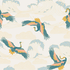 japanese storks in vintage style on white background. Oriental traditional painting. White stork. Japanese crane illustration. Japanese pattern.