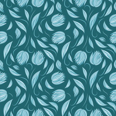 Seamless vector floral pattern with abstract flowers and leaves in monochrome blue colors