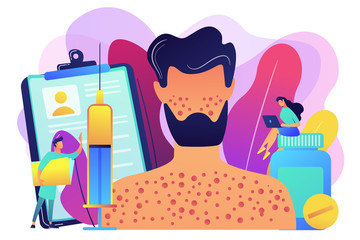 Doctors and male patient with rush on skin allergic to pills and a syringe. Drug allergy, triggers of drug allergies, allergy risk factors concept. Bright vibrant violet vector isolated illustration