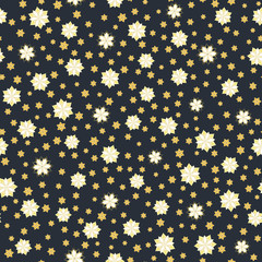 Seamless vector floral pattern with abstract geometric flowers in yellow colors on black background