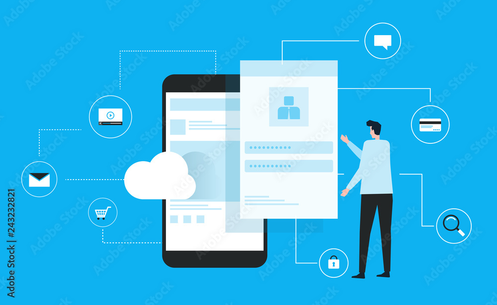 Poster business man using mobile connect to cloud concept and flat vector design for technology internet cy