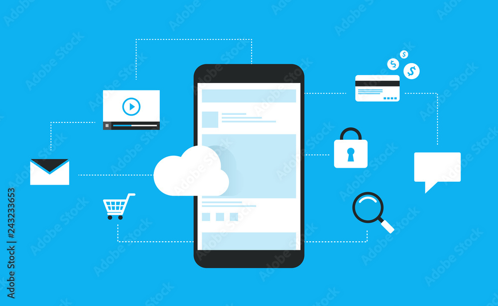 Poster flat design for mobile application connect on cloud and using mobile on social network online for business concept