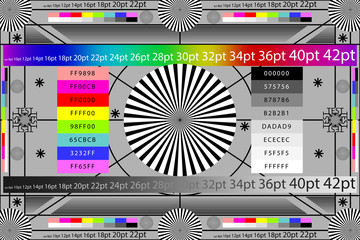 Adjusting camera lens test target colour chart. Tv screen background. EPS 10 © artifex.orlova