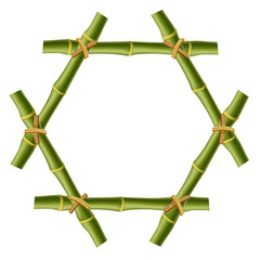Hexagonal green bamboo stems border with rope and copy space