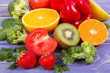 Fruits and vegetables containing vitamin C and natural minerals, healthy nutrition concept