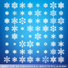 Set of 64 original beautiful snowflakes. Graphic winter object. Christmas snow icon. Snow flake crystal element. EPS 10