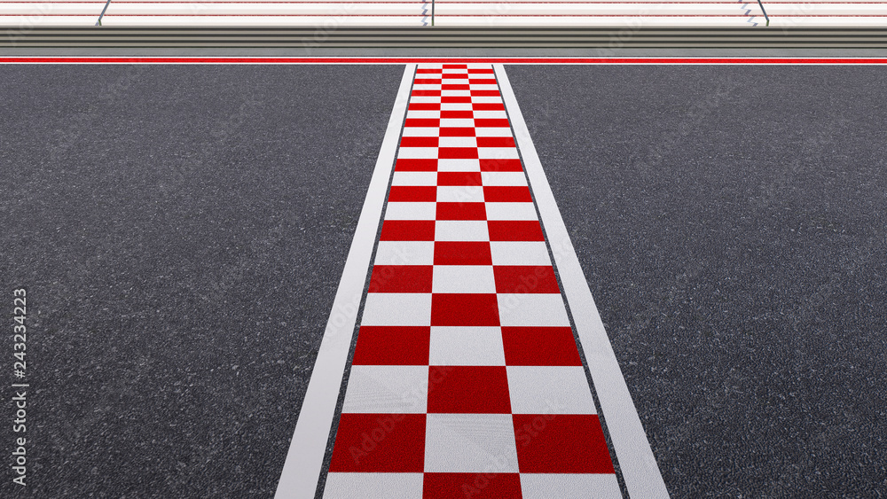 Poster low angle side view empty asphalt international race track with start and finish line. 3d rendering 
