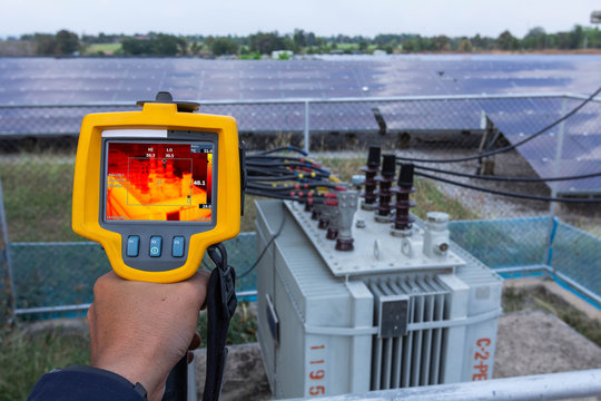 Thermoscan(thermal image camera), Industrial equipment used for checking the internal temperature of the machine for preventive maintenance, This is checking the Transformer for solar plant