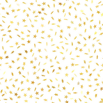 Seamless gold star confetti rain festive pattern effect. Golden volume stars falling down isolated on white background. EPS 10