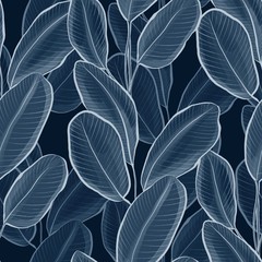 Blue leaves seamless pattern on black background.