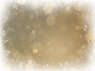 Abstract Christmas gold background with white frame and copy space. Gold abstract mesh background. Snowflakes border on blurred bokeh gold template. EPS 10