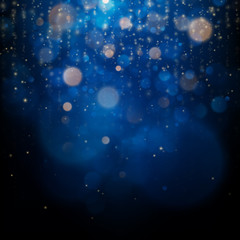 Blurred bokeh light on dark blue background. Christmas and New Year holidays template. Abstract glitter defocused blinking stars and sparks. EPS 10