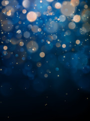 Obraz na płótnie Canvas Blurred bokeh light on dark blue background. Christmas and New Year holidays template. Abstract glitter defocused blinking stars and sparks. EPS 10
