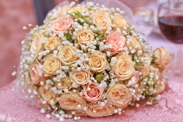 Beautiful tea roses wedding bouquet close up