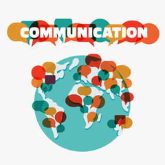Vector illustration of a communication concept. The word "communication" with colorful dialog speech bubbles