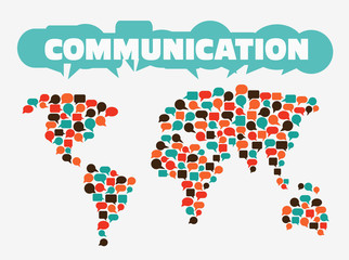 Vector illustration of a communication concept. The word "communication" with colorful dialog speech bubbles