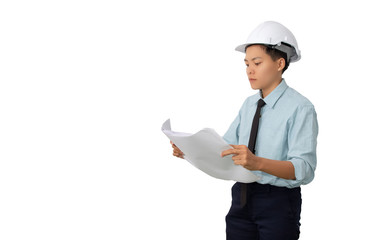 Engineer wearing Safety hat architect, reading and look Check the construction workout plan paper on project blueprint isolated white background
