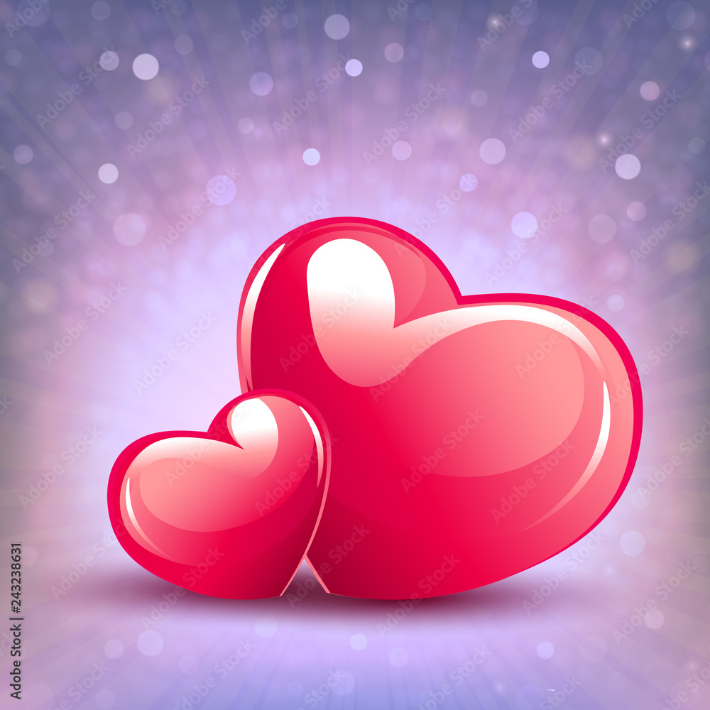 Wall mural violet composition with two elegant red hearts and glitter,