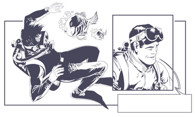 Scuba divers underwater. Stock illustration.