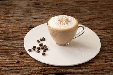 cappuccino coffee clear cup on wood background  for cafe coffee shop menu