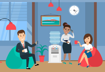 office workers having break time drinking coffee and talking