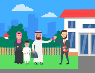 Obraz na płótnie Canvas arab family buy or rent house .real estate agent holding keys